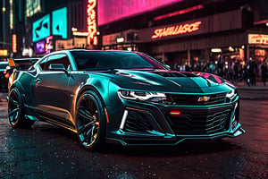 Create a cinematic film still of a futuristic cyberpunk Chevrolet Camaro ZL1, prominently displayed in a bustling night city square. The image should exude a high-budget, epic atmosphere, with a sharp focus on the sleek, smooth lines of the car, which should be highly detailed and rendered in 4K HDR quality for stunning clarity and color depth. The city should be alive with cyberpunk aesthetics, including neon signs and holographic advertisements, captured in cinemascope to emphasize the grandeur of the setting. The mood is moody and gorgeous, with a deep depth of field to highlight the car against the blurred cityscape, accentuated by the bokeh effect of city lights. Ensure the final image is high resolution, with a balance between the sharpness of the car and the smoothness of its surroundings. Mezmerizing atmosphere.