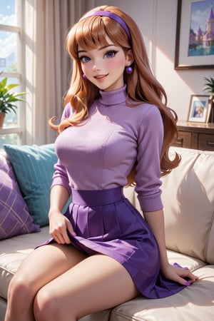 score_9, score_8_up, score_7_up,high quality, (masterpiece, best quality, ultra-detailed,(8k),beautiful face and eyes,((((NSFW)))),((sexy pose)),Daphne Blake, lifting skirt at viewer,eyes looking at viewer, flashing boobs,sitting on couch ,naughty face, indoors,blushing, mistery machine background