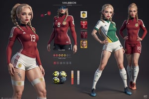 The concept character sheet of a strong, attractive, and hot soccer woman, soccer style, wearing RED WINE and white color jersey, venezuelan soccer uniform, venezuelan flag in uniform. Her face is oval, forehead is smooth and visibly rounded at the temples. jawline is softly defined, giving her a gentle and feminine appearance, full body, Full of details, frontal body view, back body view, Highly detailed, Depth, Many parts, ((Masterpiece, Highest quality)), 8k, Detailed latin  face, scars, serious expression. Infographic drawing. Multiple sexy poses. tattoos,3d, (braids red wine), (light green eyes), choker
