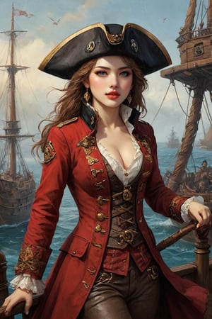 Oil painting of a very beautiful pirate captain  manga girl, perfect detailed eyes, perfect detailed nose, perfect detailed lips. She wears a red and black velvet long jacket with golden buttons, shirt adorned with lace, brown leather trousers, Intricately detailed accessories and pirate hat. She is on the deck of her ship and cheers her crew on to fight during the battle. Dynamic pose. Masterpiece, vibrant colors, eerie detail perfection, absurdres detail, realistic illustration, extremely detailed, intricately sharp details, sharp focus, chaotic (ships battle scenario:1.3), ships on background 