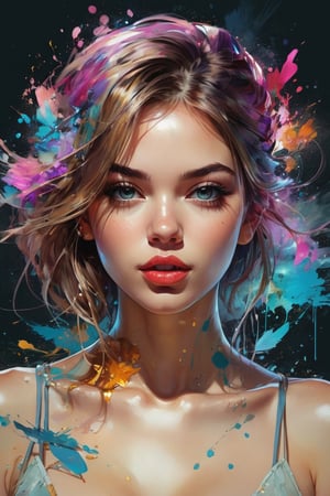 portrait of a beautiful girl 22 yo, blinking, tongue out, natural body posture, Art by Alberto Seveso, by Carne Griffiths, by Wadim Kashin, by jean baptiste monge, symmetrical, abstract artstyle, sharp eyes, digital painting, color explosion, concept art, voluminetric lighting, metallic reflections, by TanvirTamim, 2d render, 8k. by artgerm, trending on artstation ,
