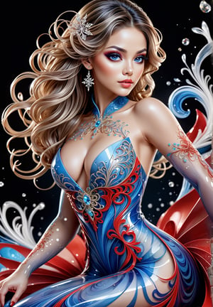 thin and very fine color lines stroke, ink splash art, 1 liquid lady made of colors, snowflakes, filigree, filigree detailed, swirling blue waves and red flame, intricated sitting pose, big beautiul eyes, reflections, full body portrait, crystal high heels,
