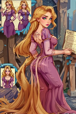 The concept character sheet of a strong, attractive, and hot sexy rapunzel , large breast. Her face is oval,  forehead is smooth and visibly rounded at the temples. jawline is softly defined,  giving her a gentle and feminine appearance, full body,  Full of details, frontal body view, back body view, Highly detailed, Depth, Many parts,((Masterpiece, Highest quality)), 8k, Detailed face (long hair), angry expression, Infographic drawing. Multiple sexy poses. tattoos,3d, Big round ass,  sexy lyla dress