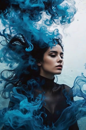 CAMILA ROJAS, photography, a beautiful woman with dark hair in black and white is surrounded by BLUE ink that flows like smoke. She has her head tilted back as she floats underwater, creating an ethereal atmosphere. Her face reflects intense emotions of pain or sadness, adding to his mysterious allure. Open eyes 