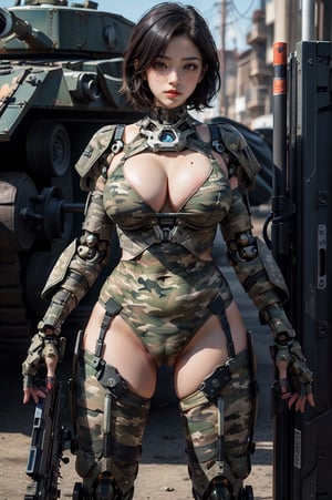 High-resolution photo, 1 female army soldier with semi-mechanical beauty, confident mood, short black hair undercut, dark makeup, dark lip color, sexy figure. ,Show chest cleavage, beautiful chest(((Army uniform Camouflage pattern))), dark green military camouflage pattern, M16 machine gun (((human body combined with mechanical components))), battlefield backdrop, bokeh, (((military theme))), (camel toe) , ((Big fat pussy:1.5))