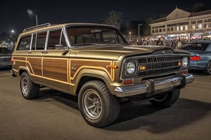 photorealistic, 32k, hdr, realistic, raw photo,  1982 jeep wagoneer  , muscle car, night, car meet, crowded, detailed background, masterpiece, best quality, ultra-detailed, very aesthetic, illustration, perfect composition, intricate details, absurdres,