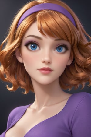 score_4, score_3_down, score_2_down, 1 girl, short blonde hair,  close up, art, blue eyes,  ((dapne blake)), purple hair headband , medium orange hair, daphne blake hair style orange hair, from scooby doo cartoon, blue eyes, perfect eyes, 1girl, digital art, floating hair, Extremely Realistic, art photography, 