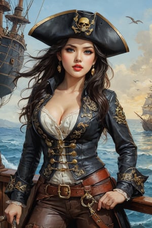 Oil painting full body of a very beautiful pirate captain manga girl, (black long hair:1.3), perfect detailed eyes, perfect detailed nose, perfect detailed lips. She wears a black leather long jacket with golden buttons, shirt adorned with lace, brown leather trousers, Intricately detailed accessories and pirate hat. She is on the deck of her ship and cheers her crew on to fight during the battle. Dynamic pose. Masterpiece, vibrant colors, eerie detail perfection, absurdres detail, realistic illustration, extremely detailed, intricately sharp details, sharp focus, chaotic (ships battle scenario:1.3), ships on background 