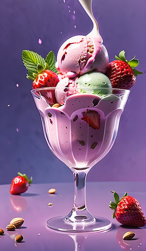 strawberry ice cream with milk cream, in a stylish modern glass, ice cubes, nuts, mint leaves, splashing milk cream, in a gradient purple background, fluid motion, dynamic movement, cinematic lighting, Mysterious, golden ratio, fake detail, trending pixiv fanbox, acrylic palette knife, style of makoto shinkai studio ghibli genshin impact james gilleard greg rutkowski chiho aoshima