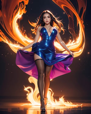 A long hair female, flowy sparkling blue dress, shiny pantyhose and high heels, medium breasts, big beautiul eyes, fighting stance in a grand hallway, orange and purple ink splash art style background, swirling irange flame and purple smoke, very windy, behisheroine, full body portrait, 4K, dynamic angle, photorealistic, reflections, 
