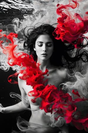 CAMILA ROJAS, photography, a beautiful woman with dark hair in black and white is surrounded by red ink that flows like smoke. She has her head tilted back as she floats underwater, creating an ethereal atmosphere. Her face reflects intense emotions of pain or sadness, adding to his mysterious allure. Open eyes 