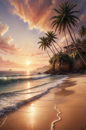 cliffbuilding, (sea bay), beach, palm tree, sunset, orange sky, cloud, (masterpiece),(ultra-detailed), 8k, (highly detailed CG illustration),(expressionless), (best quality:1.1), High quality texture, intricate details, detailed texture, High quality shadow, Cinematic Light, Depth of field, light source contrast, perspective,20s