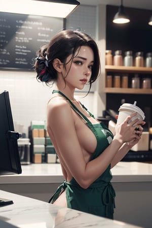 picture taken from the side of the girl working at the counter, old man standing at counter looking at her, cinematic lighting, meme_iced_latte_with_breast_milk_ownwaifu, ownwaifu,meme,
1girl,athletic,green_apron, starbucks,naked_apron, side view, cafe,apron, barista, cleavage, sideboob,collarbone,cup, coffee,holding, holding_cup,disposable_cup,logo_parody,sparkle,
meme, sideboob, solo, narrow waist, suggestive_fluid,
, official art,extremely detailed CG unity 8k wallpaper, perfect lighting,Colorful, Bright_Front_face_Lighting,shiny skin, (masterpiece:1.0),(best_quality:1.0), ultra high res,4K,ultra-detailed, photography, 8K, HDR, highres, (absurdres:1.2), Kodak portra 400, film grain, blurry background, (bokeh:1.2), lens flare, (vibrant_color:1.2),professional photograph, (beautiful_face:1.5),high_resolution