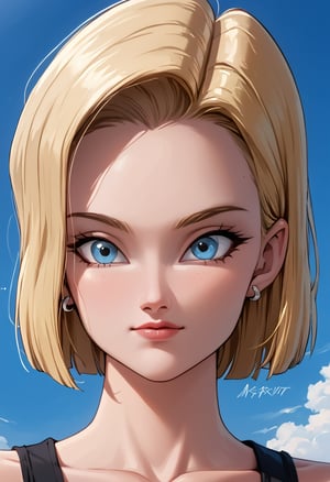 score_4, score_3_down, score_2_down, 1 girl, short blonde hair,  close up, art, blue eyes, Android 18 girl, dragón ball z anime style look, digital art, floating hair, Extremely Realistic, art photography, 