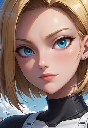 score_4, score_3_down, score_2_down, 1 girl, short blonde hair,  close up, art, blue eyes, Android 18 girl, dragón ball z anime style look, digital art, floating hair, Extremely Realistic, art photography, 