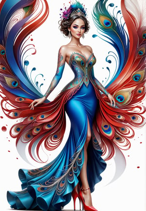 thin and very fine color lines stroke, ink splash art, 1 liquid lady made of colors, colorful peacock feathers, filigree, filigree detailed, swirling blue waves and red flame, intricated walking pose, big beautiul eyes, reflections, full body portrait, crystal high heels,