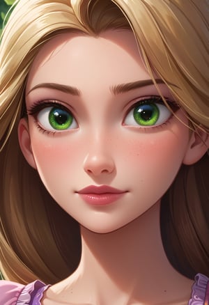 score_4, score_3_down, score_2_down, 1 girl, blonde, close up, art, green eyes, rapunzel, digital art, floating hair, Extremely Realistic, art photography, 