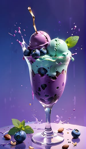 Blueberry ice cream, in a stylish modern glass, ice cubes, nuts, mint leaves, splashing milk cream, in a gradient purple background, fluid motion, dynamic movement, cinematic lighting, Mysterious, golden ratio, fake detail, trending pixiv fanbox, acrylic palette knife, style of makoto shinkai studio ghibli genshin impact james gilleard greg rutkowski chiho aoshima