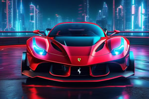 Futuristic Ferrari, wide shot, red and black robotic mecha car, with armor and weapons, futuristic mecha, style, with plates and armor, reflection mapping, realistic figure, night city background, neon, hyper detailed cinematic lighting photography , 32k uhd, shiny metal armor, neon blue and green lighting,