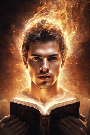 A graphic illustration of a magic book with a male face rising from it, detailed, magic energy, hyperrealism, digital art, Mysterious,flmngprsn