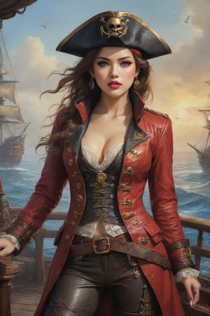 Oil painting full body of a very beautiful pirate captain manga girl, perfect detailed eyes, perfect detailed nose, perfect detailed lips. She wears a red leather long jacket with golden buttons, shirt adorned with lace, brown leather trousers, Intricately detailed accessories and pirate hat. She is on the deck of her ship and cheers her crew on to fight during the battle. Dynamic pose. Masterpiece, vibrant colors, eerie detail perfection, absurdres detail, realistic illustration, extremely detailed, intricately sharp details, sharp focus, chaotic (ships battle scenario:1.3), ships on background 