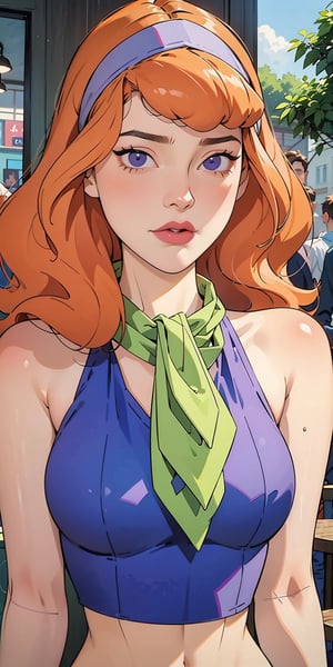  solo, sexy beautiful daphne, ((Daphne blake )), purple hair headband , ((Green scarf around her neck)), long orange hair, daphne blake hair style orange hair, from scooby doo cartoon

lifelike rendering, immersive atmosphere, impeccably detailed, visually stunning, transfixing looks, emotive depth, artistic emotionality, compelling glances, shoulder, cafe, outdoor, natural lighting, Intense Shadow,
Big breasts, bare breasts, nude,