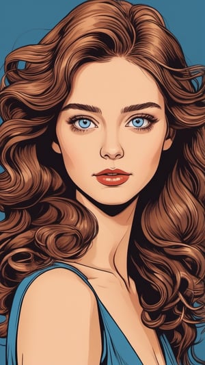 Beautiful woman with brown midi ling wavy hair and blue eyes, photography, realistic, high contrast,ink draw,Comic book Grzegorz Rosiński style, Vector Drawing
 , professional, 4k, mutted colors, vintage, ,Flat vector art,Vector illustration,flat design,Illustration