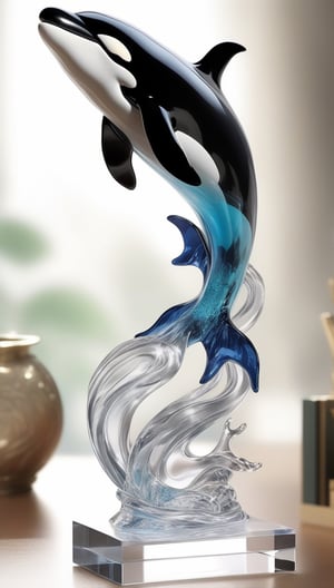Generate an image of a sophisticated glass art rendition featuring  orca whale . The intricately crafted figurine stands elegantly on a desk, capturing the essence of high-end craftsmanship.Clear Glass Skin, orca whale -themed , realistic glass style , (flag of venezuela at the base of the figure) 