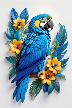 Draw a picture of an blue macaw parrot ( beautiful blue macaw parrot )  and blend it with the perfect balance between art and nature, combining elements such as flowers, leaves, and other natural motifs to create unique and intricate designs with symmetry, perfect_symmetry, Leonardo style, ghost style, line_art, 3D style, white background