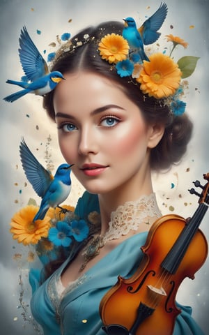 A surreal and artistic digital collage featuring a woman's face. The eyes sparkled brightly. And her face was happy and there was a violin stuck in her head. The layout is vertical. by placing the violin in the middle It protrudes from the top of the head. The woman's skin was pale. Around the violin, there were various elements, including a blue bird perched on the violin, gears, clock parts, and music notes, creating a strange and dreamy atmosphere. There are both real flowers and illustrated flowers. This adds a touch of nature to the composition. The background is gray with a plain texture. It adds a vintage and magical feel to the artwork.