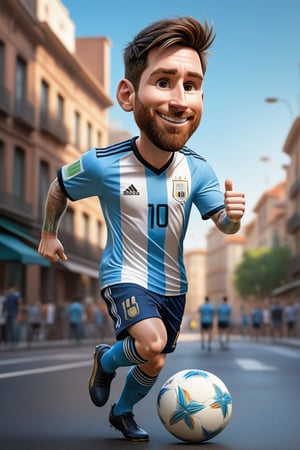 Pixar-style full-body caricature of a mischievous Messi in a dynamic pose on a bustling city street, wearing the iconic jersey number 10 of the Argentina national team, created by Greg Rutkowski with sharp focus, depth of field, perfect composition, intricate details, trending on ArtStation and featured on Pixiv Fanbox, digital art, 8K HDR, ultra-realistic, with the feel