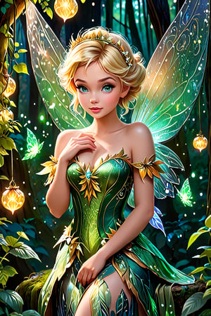 A hyperrealistic, vibrant illustration of a mystical fairy in an enchanting forest setting. The central figure is a beautiful fairy with short blonde hair
adorned with delicate leaves,

((tinker bell )), girl, from disney fairy secret movie, (((two fairy wins on back))), short Blonde hair, green look, in a light enchanted forest, , shiny skin,


She has a serene expression as she gazes at a green glowing orb she holds in her hands. Her outfit is an intricately designed dark green and gold dress with metallic accents, emphasizing her ethereal nature. Her large, iridescent wings blend shades of orange and gold, featuring delicate patterns. The background depicts a magical forest at twilight, with soft ambient lighting creating a mystical atmosphere. The lush, dense forest is filled with hints of magical creatures and glowing lights, adding to the enchanting feel. The lighting highlights the fairy's delicate features and the intricate details of her attire, creating a captivating and other, cinematic, photo
,Insta Model,style