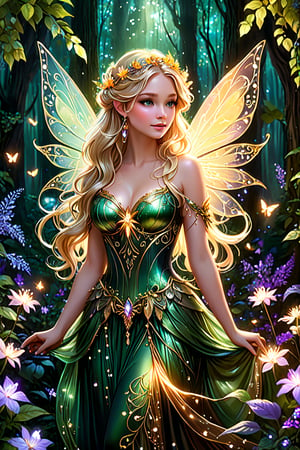 A hyperrealistic, vibrant illustration of a mystical fairy in an enchanting forest setting. The central figure is a beautiful fairy with wavy blonde hair
adorned with delicate flowers and leaves. She has a serene expression as she gazes at a purple glowing orb she holds in her hands. Her outfit is an intricately designed dark green and gold dress with metallic accents, emphasizing her ethereal nature. Her large, iridescent wings blend shades of orange and gold, featuring delicate patterns. The background depicts a magical forest at twilight, with soft ambient lighting creating a mystical atmosphere. The lush, dense forest is filled with hints of magical creatures and glowing lights, adding to the enchanting feel. The lighting highlights the fairy's delicate features and the intricate details of her attire, creating a captivating and other, cinematic, photo
,Insta Model,style