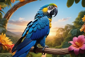 (masterpiece:1.2, highest quality), (realistic, photo_realistic:1.9), ((Photoshoot))
a  blue macaw parrot  flying,  (detailed background), (gradients), detailed colorful landscape, key visual, glowing skin.
beautiful and forest, stunning trees and flowers, stunning sunset. Medium shot. action camera. Portrait film. standard lens Golden hour lighting.
8k, UHD, high quality, frowning, intricate detailed, highly detailed, hyper-realistic,(Circle:1.4)