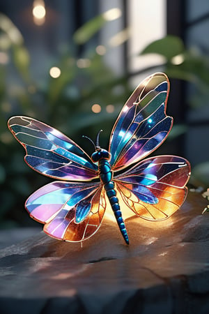 A dragonfly, with intricate and vibrant patterns on its body, is showcased against the backdrop in the centre of the clear window, and the sunlight streaming through illuminates the dragonfly, casting a radiant and enchanting glow throughout the scene.,glass shiny style