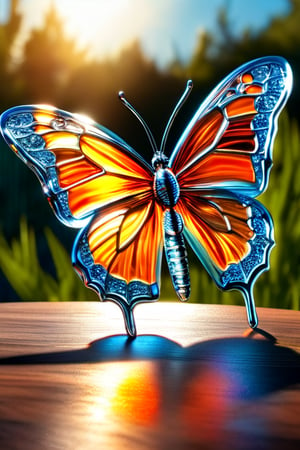 A beautiful monarch butterfly, with its colours og orange and black colors  gleaming through from the sun rays.,glass art,more detail XL,BugCraft,DonMSp3ctr4lXL,DonM1r0nF1l1ng5XL