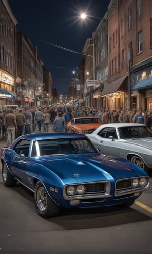 photorealistic, 32k, hdr, realistic, raw photo, dark blue 1969 Pontiac firebird, muscle car, night, car meet, crowded, detailed background, masterpiece, best quality, ultra-detailed, very aesthetic, illustration, perfect composition, intricate details, absurdres,