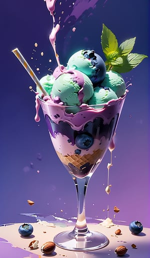 Blueberry ice cream, in a stylish modern glass, ice cubes, nuts, mint leaves, splashing milk cream, in a gradient purple background, fluid motion, dynamic movement, cinematic lighting, Mysterious, golden ratio, fake detail, trending pixiv fanbox, acrylic palette knife, style of makoto shinkai studio ghibli genshin impact james gilleard greg rutkowski chiho aoshima