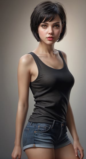 Hyperrealistic sexy Girl Portrait,full body, BLACK SHORT hair,ultra detail light brown hazel eyes,face,perfect body**: An extremely high-resolution hyperrealistic portrait of a girl, pushing the boundaries of realism with fine textures and lifelike details.
