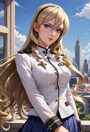 score_4, score_3_down, score_2_down, 1 girl, blue hair,  close up, artCelia cumani, Blonde girl digital art, floating hair, Extremely Realistic, art photography, city BACKGROUND,CELIA AINTREE, DRILL HAIR, HAIRBAND,MILITARY UNIFORM, WHITE SHIRT,EPAULETTES, BUTTONS, LONG SLEEVES,BLUE SKIRT up, PLEATED, 1girl, blonde hai , digital art, floating hair, Extremely Realistic, art photography,Esdeath