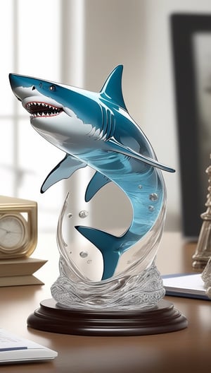 Generate an image of a sophisticated glass art rendition featuring shark. The intricately crafted figurine stands elegantly on a desk, capturing the essence of high-end craftsmanship.Clear Glass Skin,shark-themed ,comic style