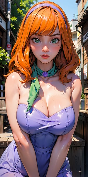  solo, sexy beautiful daphne, ((Daphne blake )), purple hair headband , ((Green scarf around her neck)), long orange hair, daphne blake hair style orange hair, from scooby doo cartoon

lifelike rendering, immersive atmosphere, impeccably detailed, visually stunning, transfixing looks, emotive depth, artistic emotionality, compelling glances, shoulder, cafe, outdoor, natural lighting, Intense Shadow,
Big breasts, bare breasts, nude,