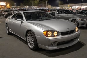 photorealistic, 32k, hdr, realistic, raw photo, silver  2000 toyota celica  , muscle car, night, car meet, crowded, detailed background, masterpiece, best quality, ultra-detailed, very aesthetic, illustration, perfect composition, intricate details, absurdres,
