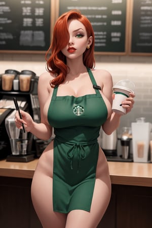 good anatomy, masterpiece, best quality, 4k, 8k, professional photography, soft light, sharp focus,1girl,
 meme_iced_latte_with_breast_milk_ownwaifu, ownwaifu,starbucks,
cafe, blurry background, bokeh, light particles, apron, barista, collarbone, cup, green_apron, coffee, holding, holding_cup,
iced_latte_with_breast_milk_(meme), looking_at_viewer, meme, naked_apron, solo, depth of field,
CARTOON_jessica_rabbit_aiwaifu,aiwaifu,hair over one eye,red hair,narrow waist,very long hair, big hair, tall female, toned,makeup,lipstick,large breasts,eyeshadow,jewelry,earrings,green eyes,huge breasts,red lips,lips,curvy,wide hips,one eye covered, 
 ,meme_iced_latte_with_breast_milk_ownwaif,CARTOON_jessica_rabbit_aiwaifu