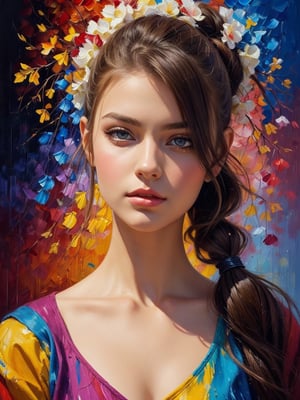 Beautiful 22 yo girl from Eastern Europe、jaw-dropping beauty、 ponytail hair, look at camera,painted in afremov style, [(colorful explosion psychedelic paint colors:1.2)::0.25], impressionist style, brushstroke painting technique, palette knife painting, an expressive oil painting
