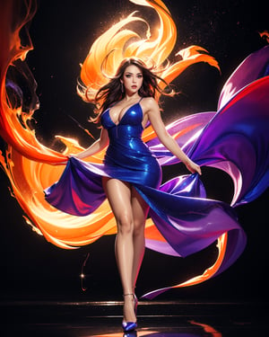 A long hair female, flowy sparkling blue dress, shiny pantyhose and high heels, medium breasts, big beautiul eyes, fighting stance in a grand hallway, orange and purple ink splash art style background, swirling irange flame and purple smoke, very windy, behisheroine, full body portrait, 4K, dynamic angle, photorealistic, reflections, 