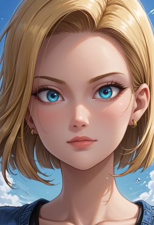 score_4, score_3_down, score_2_down, 1 girl, short blonde hair,  close up, art, blue eyes, Android 18 girl, dragón ball z anime style look, digital art, floating hair, Extremely Realistic, art photography, 