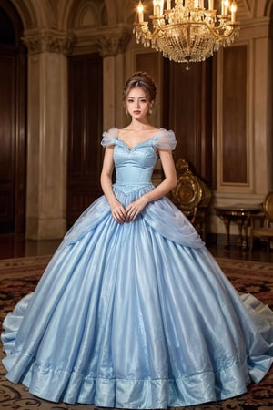 cinderella blue king dress, 15 years old, full body:1.1, A girl in a modern, elegant ball gown, styled with a sleek updo and minimalist jewelry. She should have a confident, regal expression. The background is a luxurious modern palace, with clean lines, high ceilings, and extravagant chandeliers. The photo should be shot in high definition, with a sharp focus on the subject and a soft, blurred background for a captivating portrait,