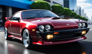((Ultra-realistic)) photo of TOYOTA CELICA,dark irony RED with blue undertone color,shiny spinning wheels,glossy black alloy rims with silver edge,bright turned on head lights,(Ultra-Detailed Super-Realistic city street backdrop:1.3),depth of perspective, vehicle focus,(wide shot)
BREAK
sharp focus,high contrast,studio photo,trending on artstation,rule of thirds,perfect composition,(Hyper-detailed, masterpiece, HDR,16K,shiny,glossy,reflective:1.3),(by Chris Bangle),H effect,photo_b00ster,real_booster,more detail XL