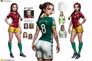 The concept character sheet of a strong, attractive, and hot soccer woman, soccer style, wearing RED WINE and white color jersey, venezuelan soccer uniform, venezuelan flag in uniform. Her face is oval, forehead is smooth and visibly rounded at the temples. jawline is softly defined, giving her a gentle and feminine appearance, full body, Full of details, frontal body view, back body view, Highly detailed, Depth, Many parts, ((Masterpiece, Highest quality)), 8k, Detailed face, scars, serious expression. Infographic drawing. Multiple sexy poses. tattoos,3d, (braids green), (light green eyes), choker
